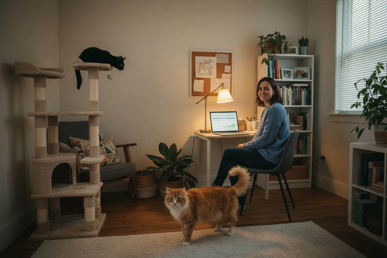 Woman with cats home office